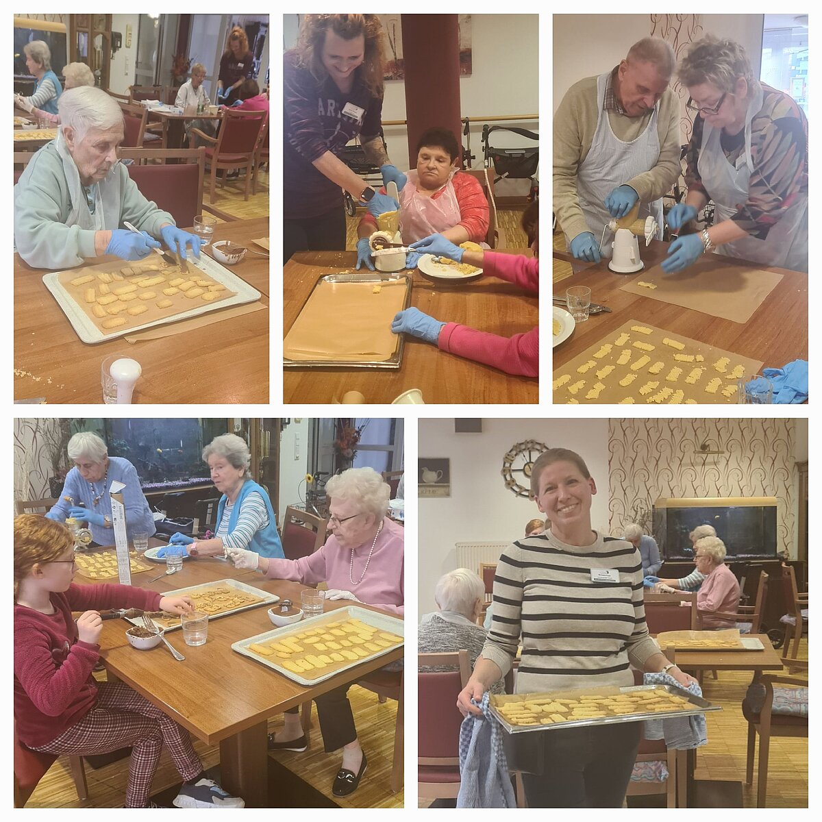 Collage von Bewohnern beim Spritzgebäck machen