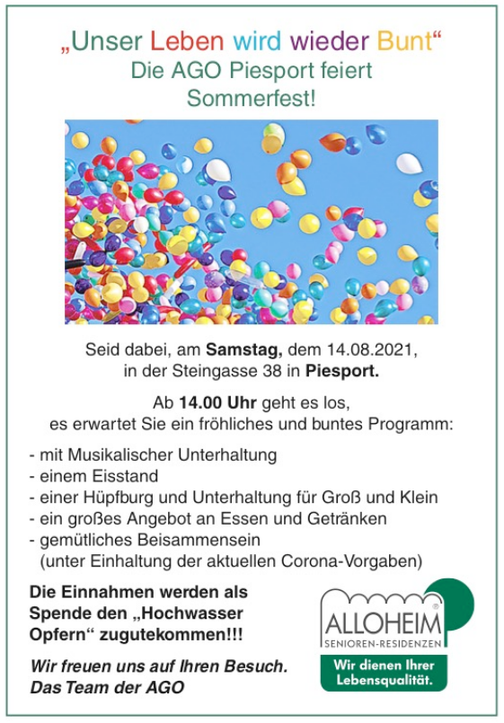 Ankündigung zum Sommerfest des AGO Piesport am 14.08.2021